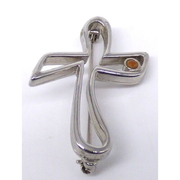 Camco Cross Brooch Pin Modernist Silver Tone Amber Accent Vintage - Picture 4 of 17